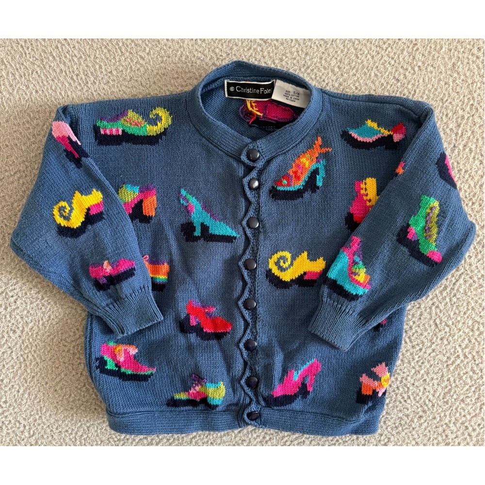 Vintage Christine Foley Shoe Intarsia Knit Cardigan Sweater Sz 5/6 Blue Cotton